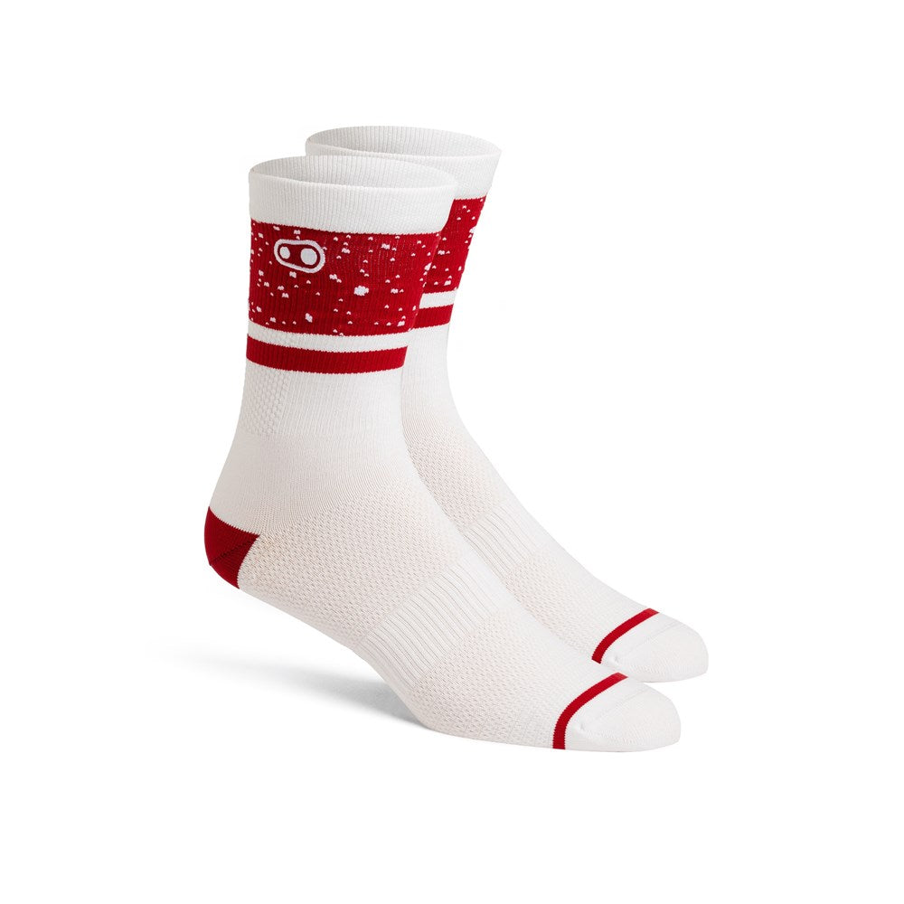 Crankbrothers Sock Icon Splatter White / Red Lge / Xlg - Ultimate Cycles Nowra