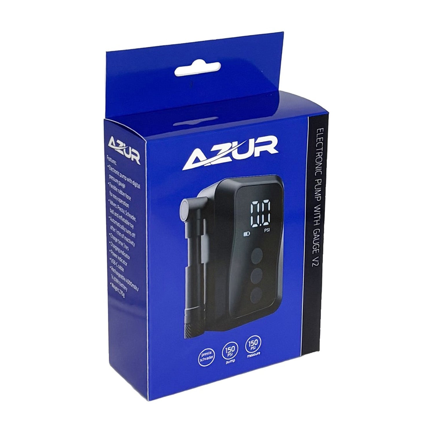 Azur Electric Pump With Guage V2 150 PSI Presta Schrader USB C Black - Ultimate Cycles Nowra